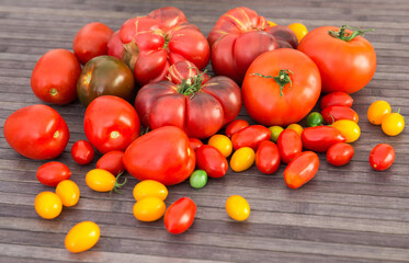 different varieties of ripe red and yellow appetizing tomatoes