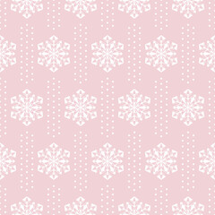 White snowflakes on a cotton candy pink background. Delicate winter holidays gift wrap. Christmas seamless pattern. Stylish wallpaper and fabric design. Ice crystals illustration