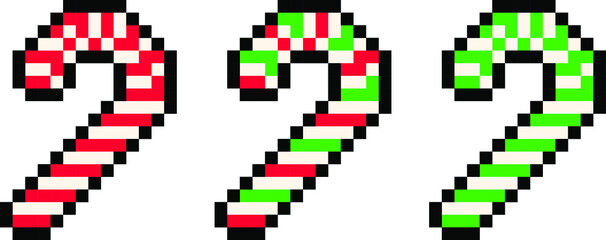 Cute pixel 8 bit red and green Christmas candy cane pack - vector, isolated