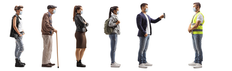 Fototapeta premium Full length profile shot of people in line showing vaccination certificate to a security officer
