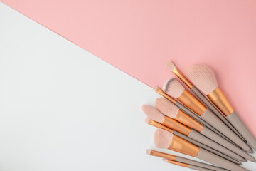 Makeup brushes. Top view, copy space