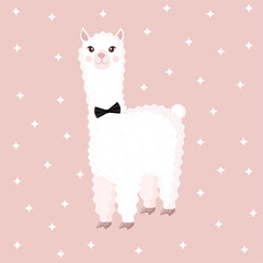 Cute llama or alpaca with a mans bow tie on a pink background with stars. Vector illustration for baby texture, textile, fabric, poster, greeting card, decor.