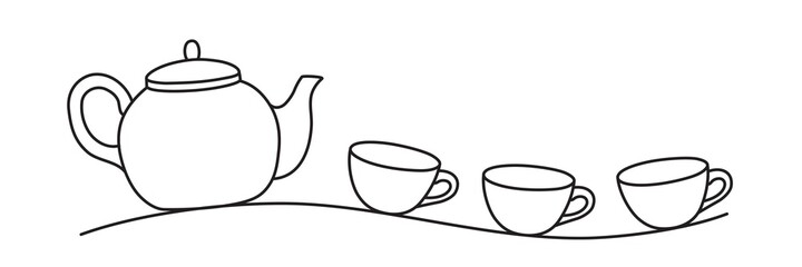 Teapot and three tea cups banner line art illustration