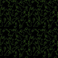Hand drawn seamless Halloween pattern.The neon contours of the ghosts on a black background. Vector illustration.