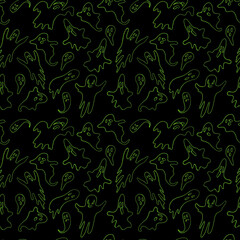 Hand drawn seamless Halloween pattern.The neon contours of the ghosts on a black background. Vector illustration.