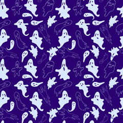 Hand drawn seamless Halloween pattern.The contours of the white ghosts on a purple background. Vector illustration.