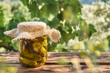 Salted pickled cucumbers preserved canned in glass jar. Plate of pickled homemade gherkins with fresh dill. Autumn vegetables canning. Healthy homemade food.