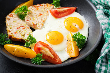 Plate with a keto diet food. Fried egg, meatloaf, and tomatoes. Keto, paleo breakfast