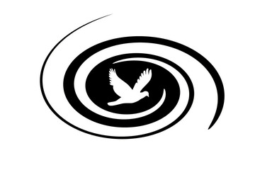 abstract illustration of a black whirlwind and a bird on a white background