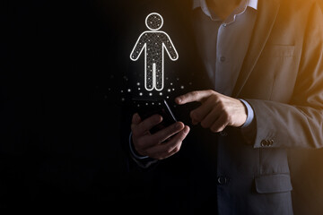 Businessman hand holding e-mail icon, Contact us by newsletter email and protect your personal...
