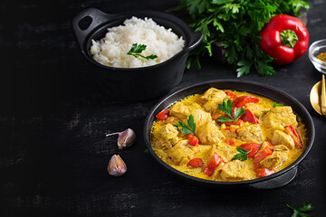 Traditional Indian curry chicken masala. Indian chicken curry with sweet peppers and  rice in bowl, spices, dark background. Traditional Indian dish.
