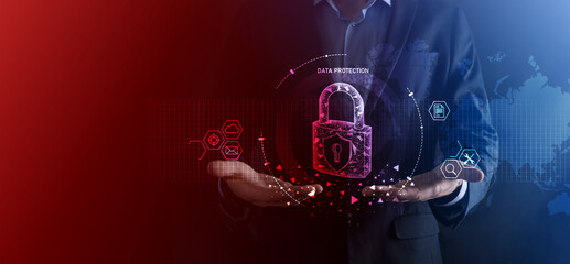 Cyber security network. Padlock icon and internet technology networking. Businessman protecting data personal information on tablet and virtual interface. Data protection privacy concept. GDPR. EU