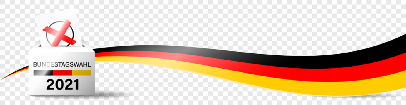 Bundestagswahl 2021 Deutschland. Wahlurne mit Stimmzettel und Kreuz. Illustration Vektor Banner isoliert auf transparentem Hintergrund