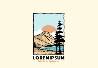 Mountain and lake illustration with lorem ipsum text