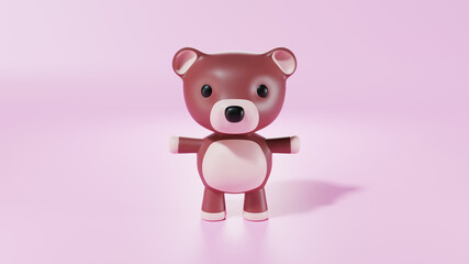 3d rendering little cute baby bear doll character stand on isolated on pink background. An animal...