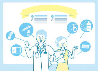 ワクチンを説明する笑顔のシニア医療従事者と医療アイコン