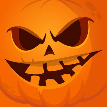 Cartoon funny  Halloween pumpkin head with scary face expression. Vector illustration of jack-o-lantern monster character design with carved emotion