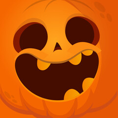 Cartoon funny  Halloween pumpkin head with scary face expression. Vector illustration of jack-o-lantern monster character design with carved emotion