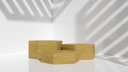 luxury brown fine wood hexagon podium with shadow in white background. concept scene stage showcase, product, promotion sale, wooden, presentation, cosmetic. 3D render.