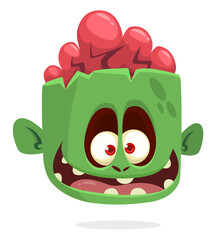 Cartoon funny green zombie character design with scary face expression. Halloween vector illustration isolated on white.Party poster