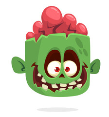 Fototapeta premium Cartoon funny green zombie character design with scary face expression. Halloween vector illustration isolated on white.Party poster