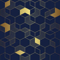Fototapeta na wymiar Abstract luxury cube seamless blue and golden pattern