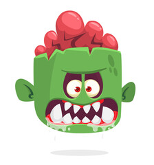 Cartoon funny green zombie character design with scary face expression. Halloween vector illustration isolated on white.Party poster