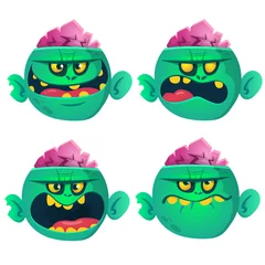 Fotobehang Cartoon funny green zombie character design with set of scary face expressions. Halloween vector illustration isolated © drawkman