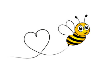 Bee flying on a line route in heart shape. Lovely bee character. Cute vector illustration. Isolated on white background