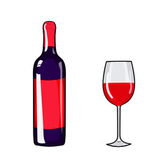 Glass of wine and wine bottle. Hand drawing wine. Vector illustration red wine. Alcohol design element.