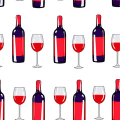 Seamless pattern glass of wine and wine bottle. Alcohol background. Hand drawing wine. Vector illustration red wine. Red wine card.