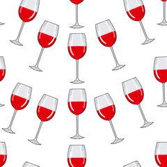 Seamless pattern of wine glass. Alcohol background. Hand drawing. Vector illustration red wine. Cartoon style of red wine glass.