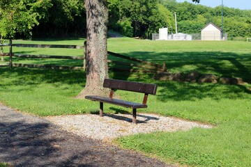 The empty metal park bench in the country park.