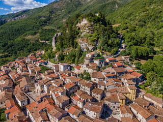 Ancient Italian medieval village perched on a mountain. Petrella Salto in the province of Rieti, a city in central Italy. - obrazy, fototapety, plakaty