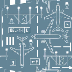 seamless pattern with passenger airplanes, strip lights and signs on gray background