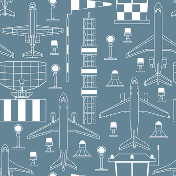 seamless pattern with passenger airplanes and aerodrome facilities on gray background