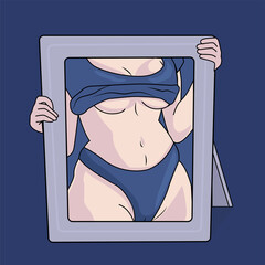 Sexy girl Self care, icon or body positive concept. Love yourself. Love your body concept. Girl Healthcare . Blue Illustration of International Women's day. Vector postcard. A woman hold a photo frame