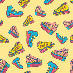 Colored seamless pattern of shoe prints. Vector illustration, design, doodle. Summer shoes.
