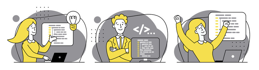 Concept of script coding, programming. JavaScript, PHP, Python, HTML, other languages. Programmer working on web development on laptop. Software developers. Set of Flat vector cartoon illustrations