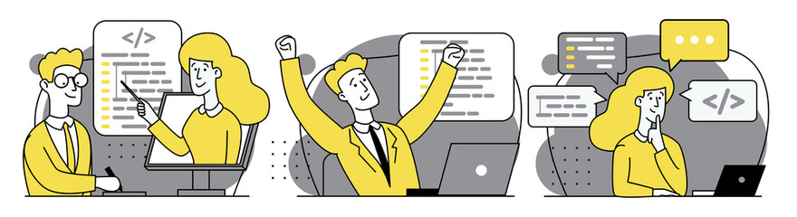 Concept of script coding, programming. JavaScript, PHP, Python, HTML, other languages. Programmer working on web development on laptop. Software developers. Set of Flat vector cartoon illustrations