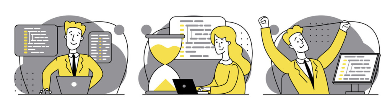 Concept of script coding, programming. JavaScript, PHP, Python, HTML, other languages. Programmer working on web development on laptop. Software developers. Set of Flat cartoon illustrations