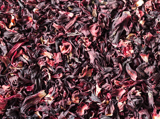 Hibiscus tea background. Flat lay, top view.