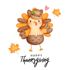 Digital painting watercolor thanksgiving turkey, cute turkey.
