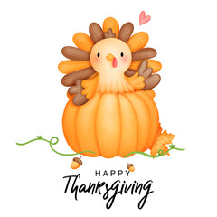 Digital painting watercolor thanksgiving turkey, cute turkey.