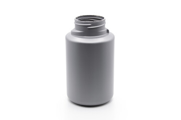 Silver Plastic Bottle Angle, Lid Off, White Background