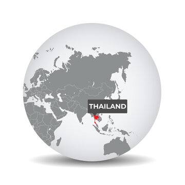 World globe map with the identication of Thailand. Map of Thailand. Thailand on grey political 3D globe. Asia map. Vector stock.