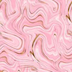 Abstract Liquid marble seamless background, print with white pink pastel color and gold lines glitter texture. Endless marble.