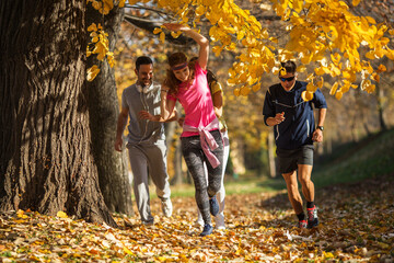 A group of young friends enjoys an invigorating jog in the park during a crisp autumn afternoon, surrounded by vibrant foliage.Autumn concept.