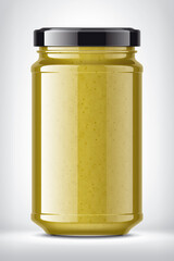 Glass Jar with Mustard on Background. 