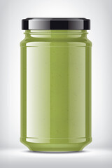Glass Jar with Wasabi on Background. 